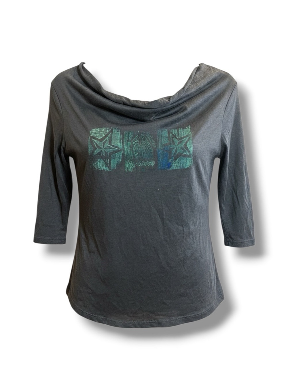 Upcycled Hand Printed 3/4 Sleeve Boatneck Drape Top Lightweight Bird Stars Tee M